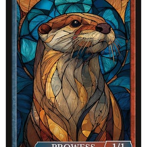 Może przedstawiać: Stylizowana ilustracja wydry z efektem witrażu. Obraz przedstawia brązową i beżową wydrę na niebiesko-pomarańczowym tle. Tekst zawiera "OTTER", "PROWESS" i "1/1". Seria 3, Token 69 © 2025.