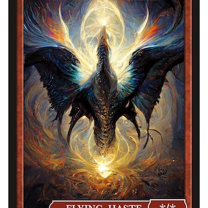 May include: A fantasy illustration of a black dragon with glowing wings and a bright yellow light emanating from its body. The text "Dragon Illusion" is at the top of the card and "Flying, Haste" is at the bottom. The card is labeled "Series 2 Token 81 © 2022".