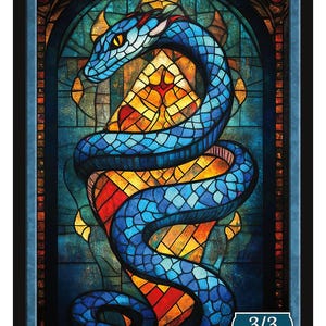 May include: A stained glass illustration of a blue serpent with yellow eyes, curled around a red and yellow stained glass design. The card reads "SERPENT" and "3/3". The bottom of the card reads "SERIES 3" and "Token 53 © 2025".
