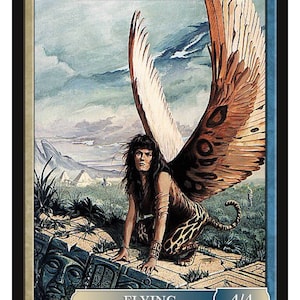 May include: A fantasy illustration of a sphinx with brown and white wings, a human-like head and torso, and a leopard-like body. The sphinx is perched on a stone structure with a cloudy sky in the background. The card reads "SPHINX" and "FLYING 4/4".