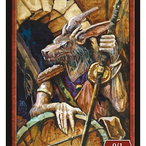 May include: A fantasy creature with brown fur, a long snout, and large ears, holding a spear. The creature is wearing a brown tunic and a purple sash. The background is a stone wall. The card reads "Kobold" and "0/1".