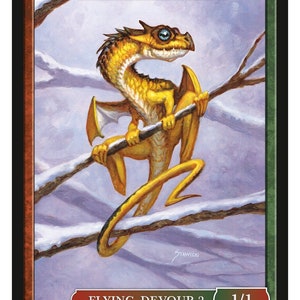 May include: A yellow dragon with blue eyes perched on a branch with snow on it. The card reads "Dragon" and "Flying, Devour 2 1/1".