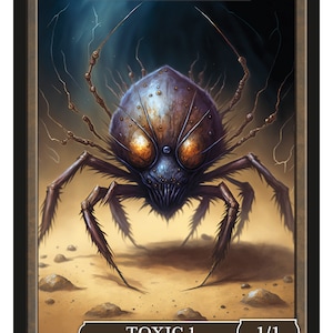 Puede incluir: Una carta de ficha de criatura Phyrexian Mite con una fuerza y resistencia de 1/1, y una habilidad de tóxico 1. La carta presenta una ilustración de una criatura metálica similar a una araña con ojos brillantes.
