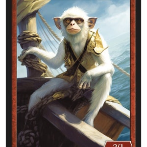 May include: A white monkey pirate with a gold vest and a gold earring sits on a ship's railing. The monkey has a serious expression on its face. The card reads "Monkey Pirate" and "2/1".
