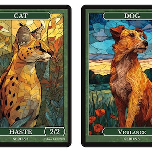 May include: Two trading cards with stained-glass style illustrations. One features a cat with the text "CAT" and "HASTE 2/2". The other card shows a dog with the text "DOG" and "VIGILANCE 3/1". Both cards have a green border and the text "SERIES 3".