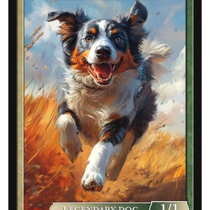 May include: A digital art card featuring a running dog named Angelo. The dog has black, white, and orange fur, with a happy expression. The card reads "LEGENDARY DOG" and "1/1". Series 3, Token 335 © 2025.