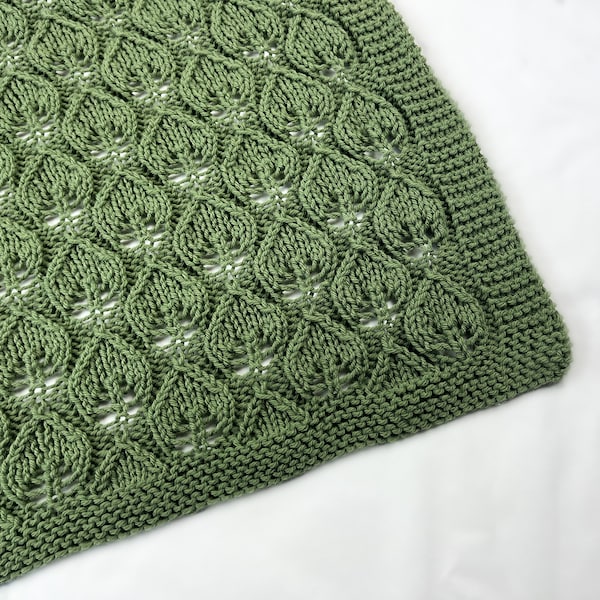 Green Hand Knit Baby Blanket - Leaf Lace Design