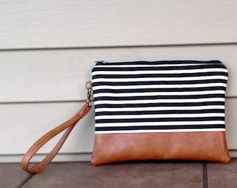 Clutch bag, striped, wristlet, wristlet purse, wristlet bag, zipper pouch, gift for her, cell phone wristlet, purse, black and white