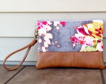 Clutch bag, floral, wristlet, wristlet purse, wristlet bag, cell phone wristlet,  zipper pouch, cosmetic bag,  gift for her, gray and pink
