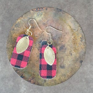 Buffalo Plaid Leather Teardrop Earrings with Gold Marquis Shaped Accent Bead