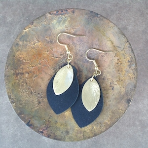 Small Black Layered Leaf Shaped Earrings with Gold Marquis Leaf Shaped Accent Bead