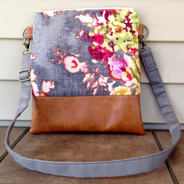 Cross body bag, floral print, gift for her, sling bag, hipster bag, zipper bag, travel bag, handbag, gift for her, gray and pink