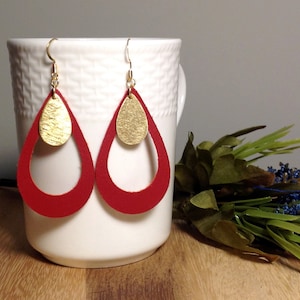 Double Layered Red Genuine Leather Teardrop Earrings