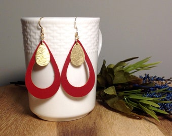 Double Layered Red Genuine Leather Teardrop Earrings