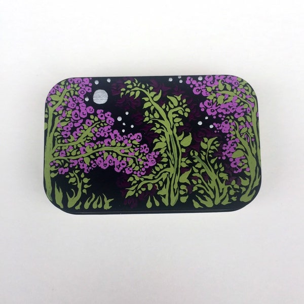 Silver moon stars galaxy celestial purple hydrangea flower pattern painted mint tin pill box paperclip tray bobby pin holder holiday gift