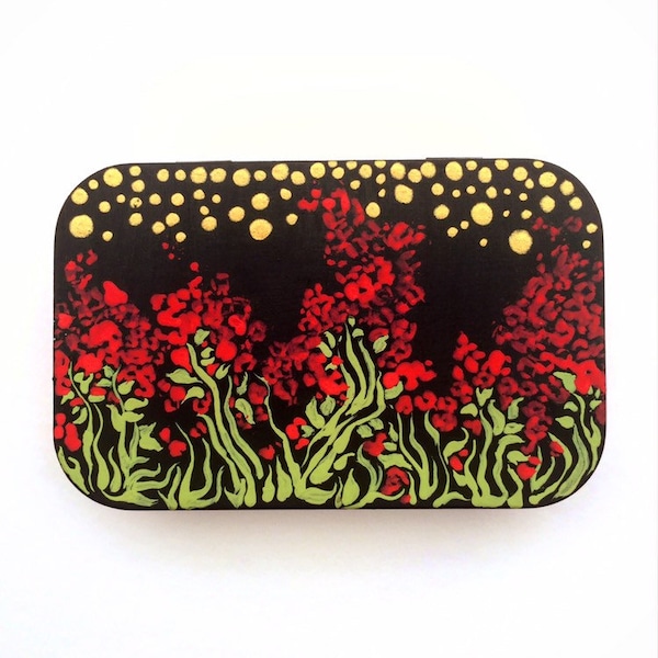 Red green floral flower pattern golden pointilism stars acrylic painted mint tin pill box paperclip bobby pin holder Christmas holiday gift