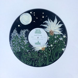 White hand painted vinyl record celestial floral design wall art flower artwork nature painting home decor acrylic painting moon stars gift