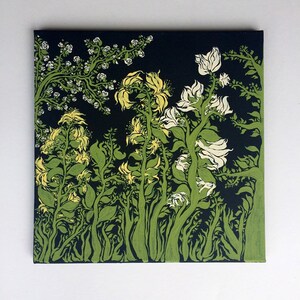 Black background yellow white hand painted floral design wall art flower artwork nature painting home decor acrylic canvas Christmas gift