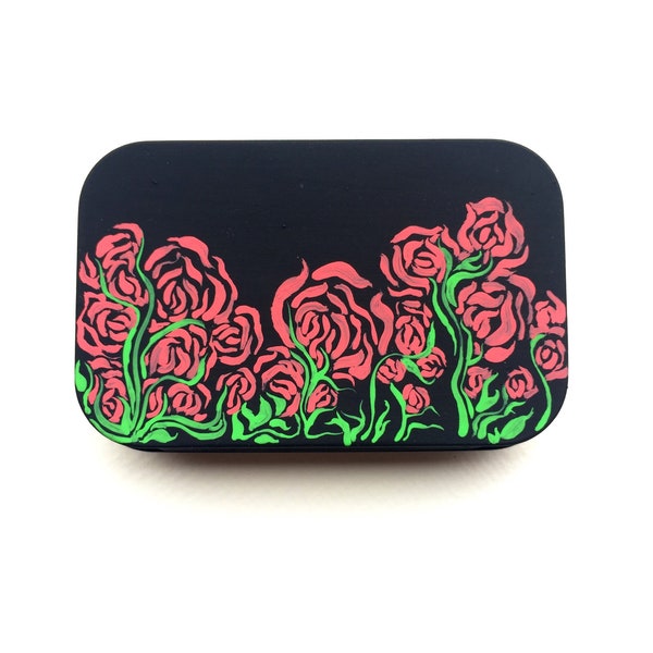Pink blush rose green floral flower pattern acrylic painted mint tin pill box paperclip tray bobby pin holder stocking stuffer Holiday gift
