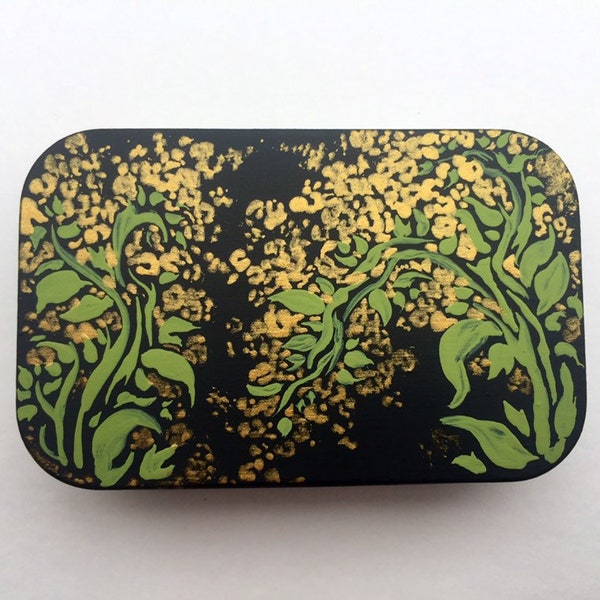 Gold hydrangea green floral flower pattern acrylic painted mint tin pill box paperclip bobby pin holder holiday gift Christmas present art