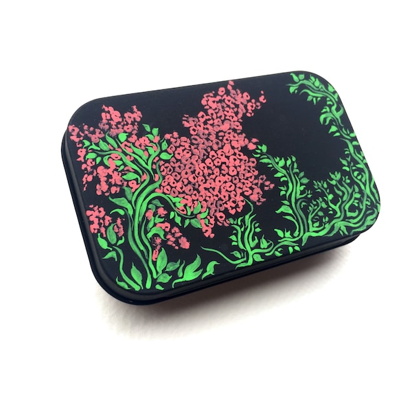 Pink and green floral flower pattern acrylic painted mint tin pill box paperclip holder bobby pin holder Christmas present holiday gift