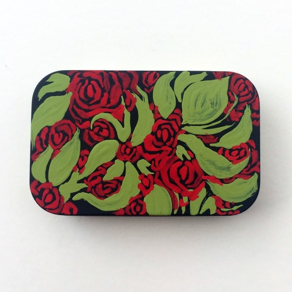 Red roses red carnations floral flower pattern green leaves painted mint tin can be used as pill box paperclip bobby pin holder holiday gift