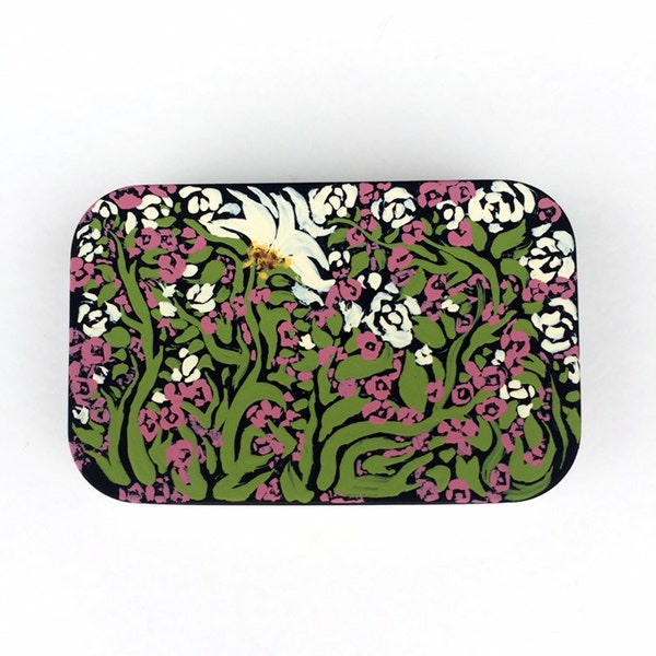 Margarita blanca rosas girasol clavel rosa patrón floral acrílico pintado menta lata que se puede utilizar como pastillero clip bobby pin holder