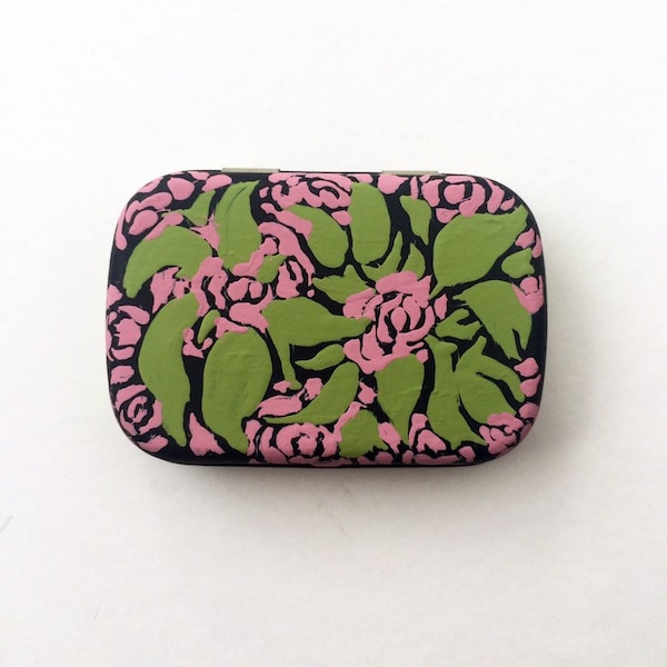 Light pink roses with olive green leaves painted mint tin can be used as pill box paperclip or bobby pin holder holiday christmas gift