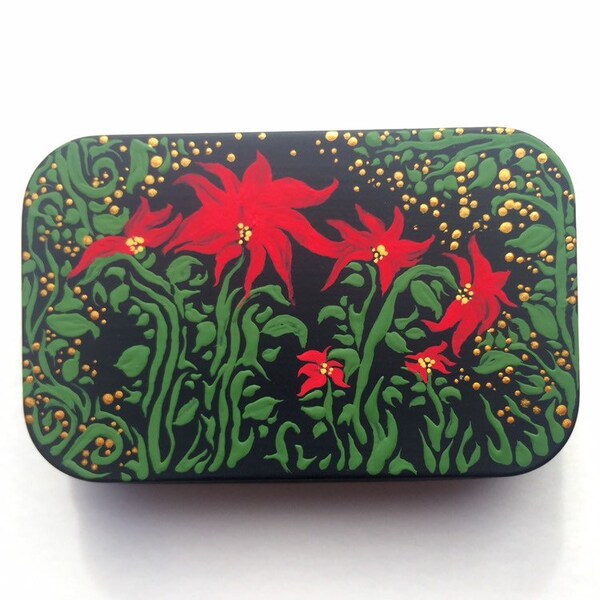 Red christmas poinsettias with gold holiday accent flowers greenery mint tin can be used as pill box paperclip Bobby pin holder holiday gift