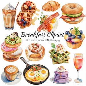 Pacote de clipart de café da manhã em aquarela, 30 imagens PNG transparentes, ilustrações de comida, clipart de menu de brunch, café, ovos, donuts, waffles