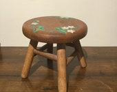 Sweet Little 7 Round Step Stool Handpainted Strawberries and White Flowers Child or Doll Sized Stool Rustic Farmhouse Wooden Foot Stool