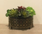 Vintage Mid Century Half Circle Metal Planter with Ceramic Pot Gold Toned and Black Unique Boho and Hollywood Regency Style Planter