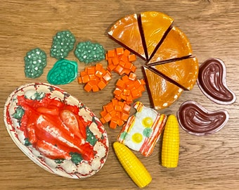 Vintage Doll Sized Plastic and Celluloid Play Food Pretend Play Kitchen Items Turkey Pie Carrots Peas Bacon and Eggs Corn on Cob and Steak