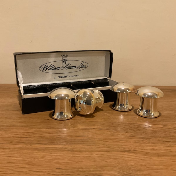 2 Pairs of Vintage William Adam’s Inc. Silver Toned Mushroom Salt and Pepper Shakers in Original Box  Made in Japan Towle Hostess Gift