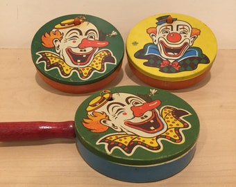 Set of 3 1940’s to 1950’s Tin Litho Noise Makers with Clowns New Years Eve Party Supplies Circus Themed Party and Decor Vintage Tin Toys