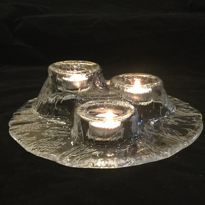 Unique Scandinavian Art Glass Votive Candleholder by Meri Lasi Finland Scandinavian Clear Art Glass Volcano Sculpture Tea Light Holder