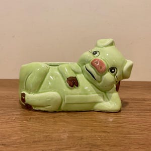 May include: A light green ceramic planter shaped like a reclining pig. The pig has a glossy finish, a pink snout, dark brown hooves, and painted black eyes with eyelashes. The hollow opening for plants is located on the pig's back, centered between its legs.