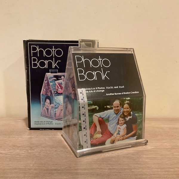 Vintage 1970’s Clear Acrylic House Shaped Photo Bank by Burnes of Boston Unique Coin Bank Unique Photo Holder Miniature Display Case