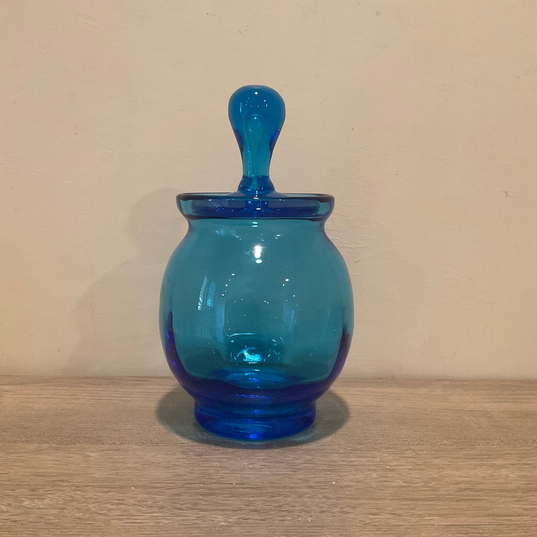 Unique Handblown Peacock Blue Glass Jar With Long Knob Mid Century Art