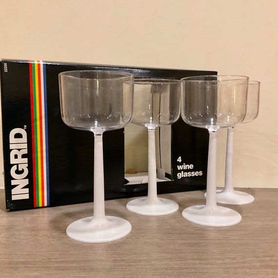Vintage Set of 4 Plastic Wine Glasses with White Stems by Ingrid of Chicago  1980s Drinkware Picnic Boating Camping RV Wine Goblets 8 Ounce
