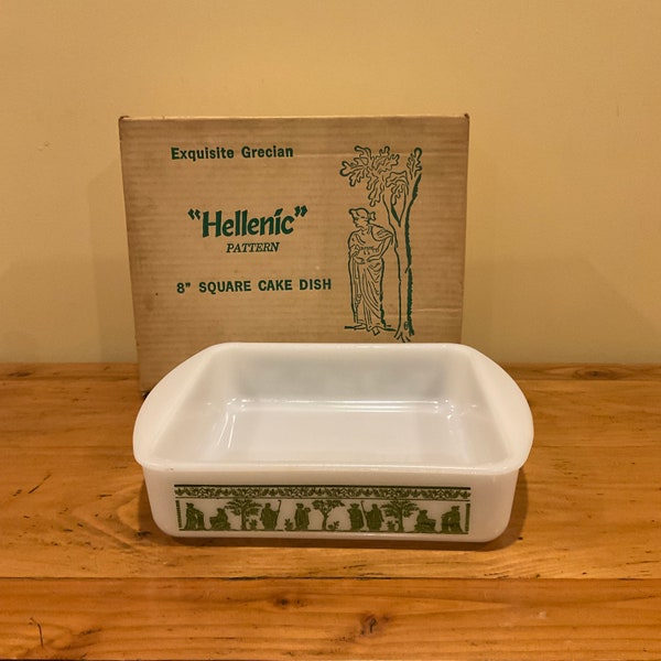 Vintage 8” Square Cake Baking Dish in Grecian Hellenic Pattern in White and Wedgewood Green # 2428 White Glass Oven Bakeware Baker Gift