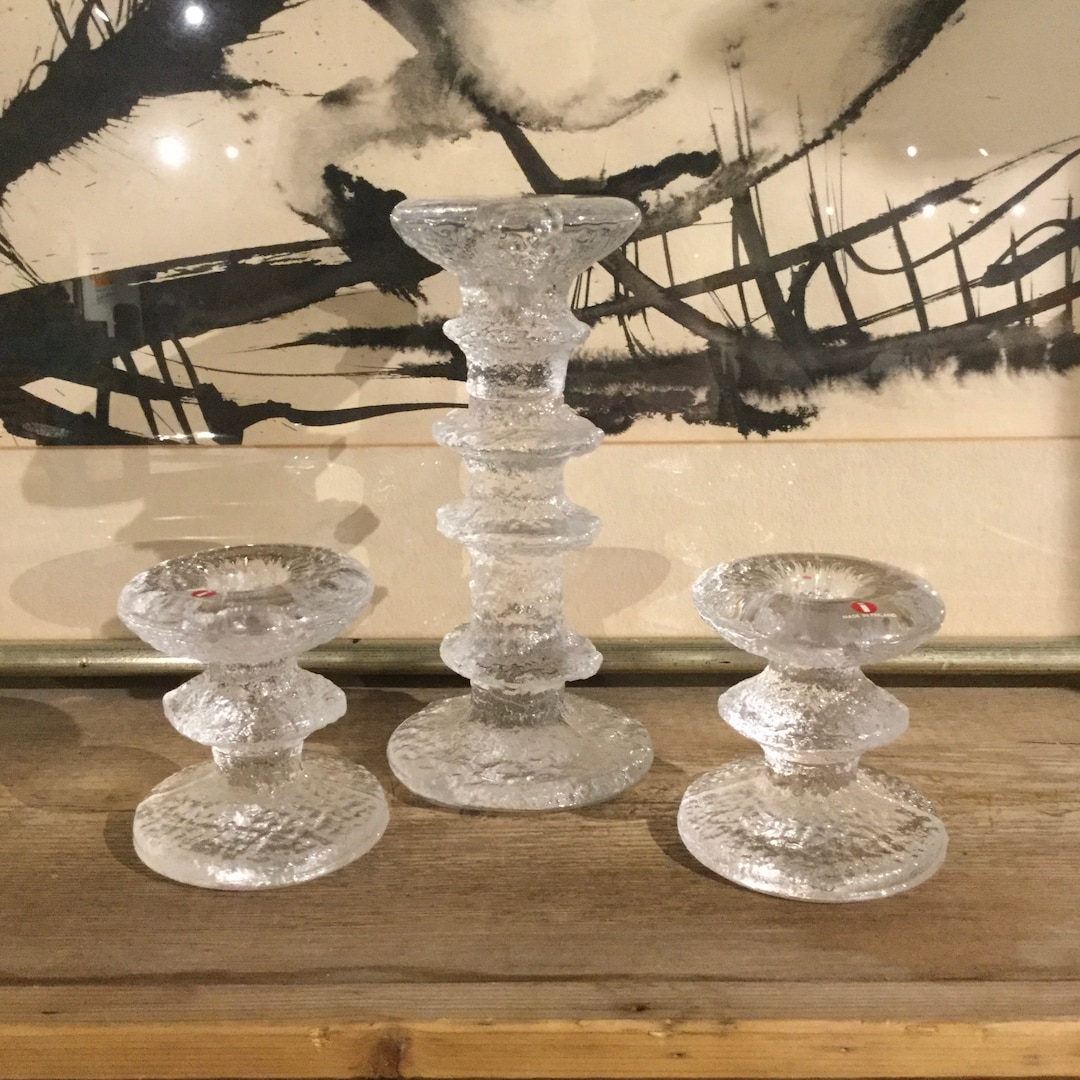  イッタラ Festivo Vintage Iittala Festivo Candlestick Set: Mid Century Icy Glass