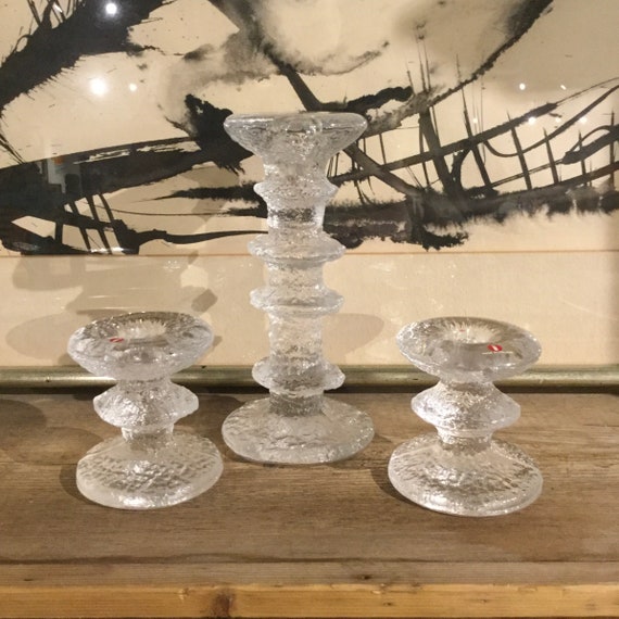 Vintage Iittala Festivo Candlestick Set: Mid Century Icy Glass