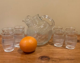 Vintage Hazel Atlas Small Titled Ball Pitcher and 8 Juice Glasses Clear Ribbed Glass 1930’s Kitchen Gift Breakfast Pitcher Set