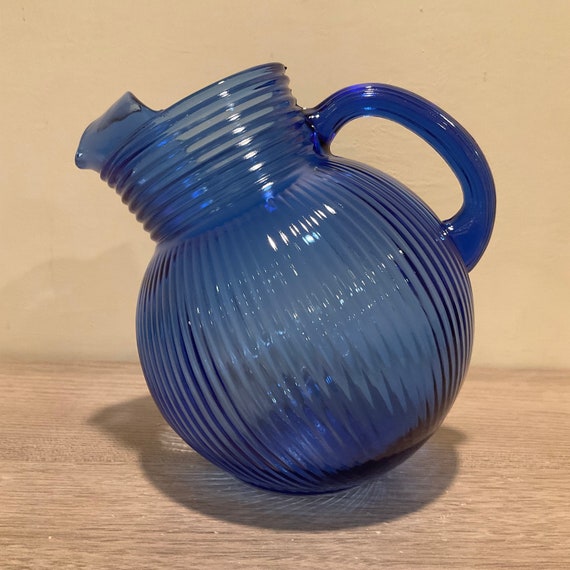 Vintage Hazel Atlas Cobalt Blue Ribbed Pitcher and Juice Glass Set
