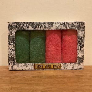 Vintage Terry Cloth Shoe Bags: Pink & Green Travel Dust Covers NOS