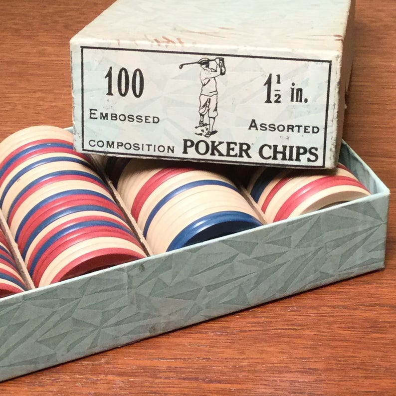 Box of 100 Vintage Embossed Golfer Composition Poker Chips in Red White and Blue Poker Night Vintage Poker Chips