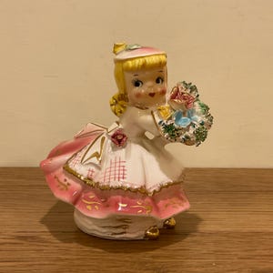 Vintage Arnart Girl in Pink Dress with Flower Bouquet Ceramic Figurine, Made in Japan, See Condition Section
