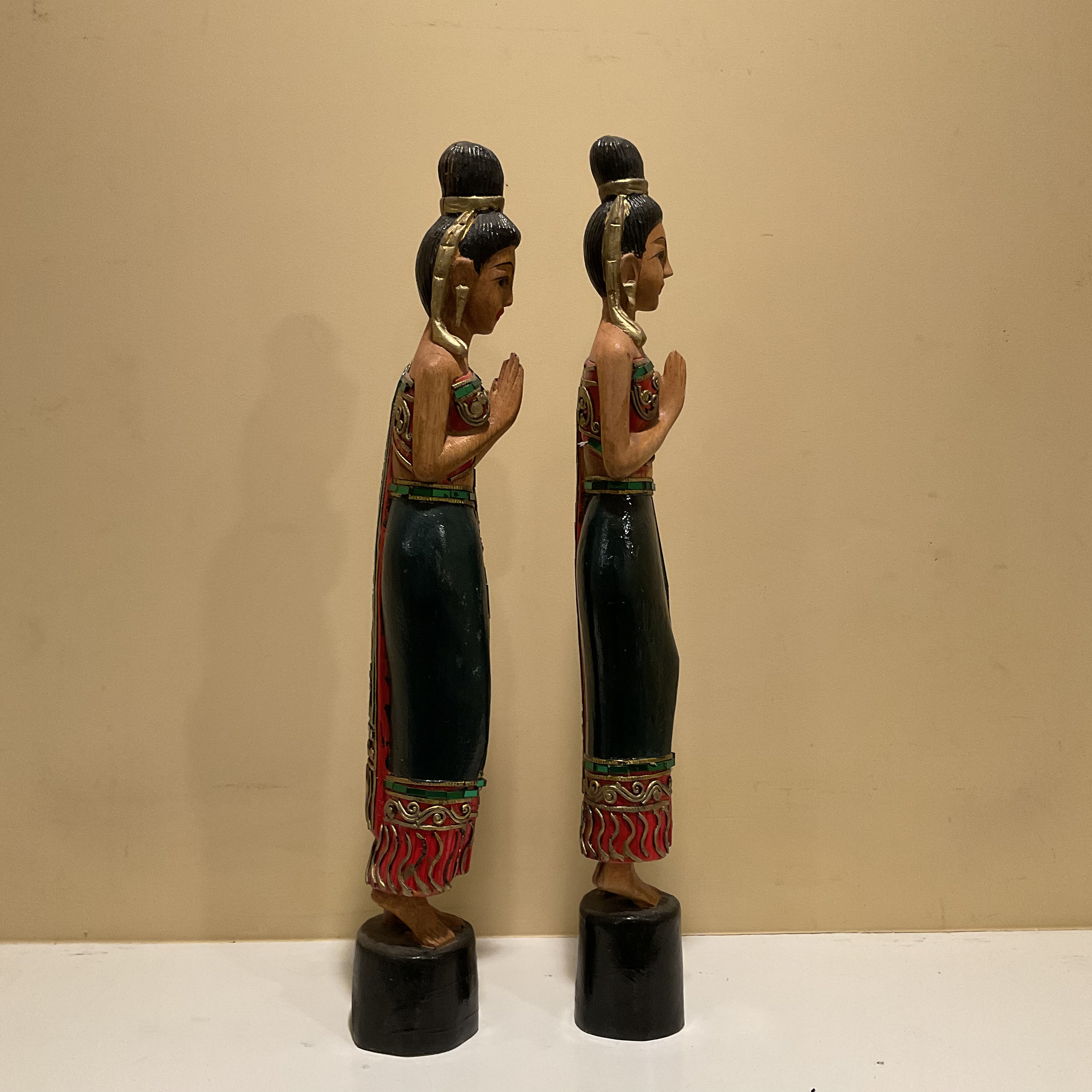 Pair Vintage Carved Wood Thai Sawasdee Statues: Mid Century Asian