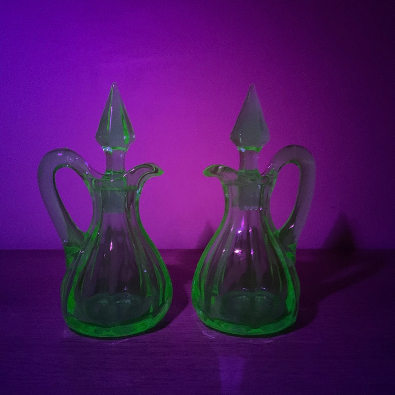 Pair of Vintage Uranium Vaseline Glass Cruets With Diamond Etsy